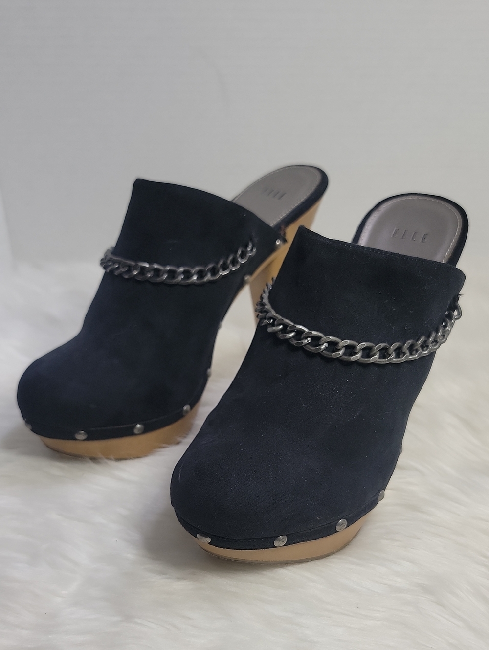 Elle Black Suede Chain Stud Trim  Stiletto Mule  Back Womens Size 10M